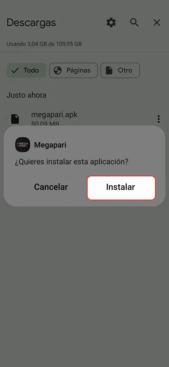 Completa instalación de Aviator en Megapari abriendo archivo APK.