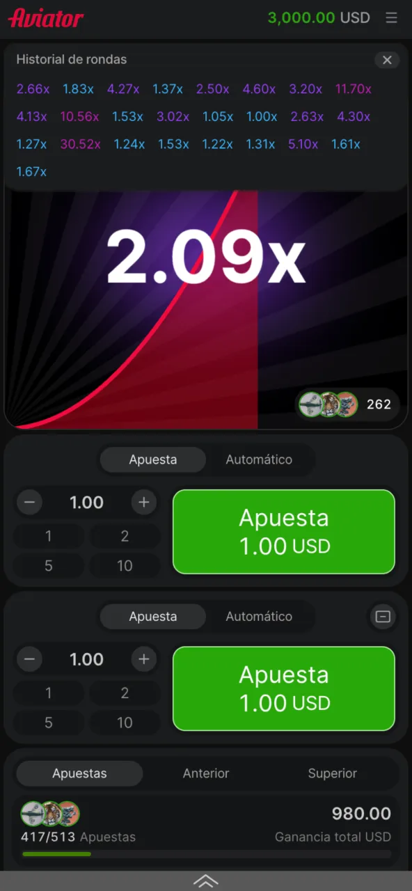 Historial de rondas anteriores de Aviator mostrado en Megapari.