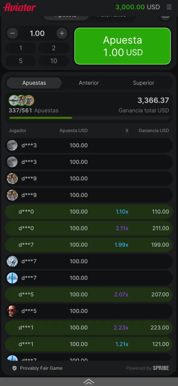 Apuestas de participantes en Aviator dentro de Megapari visibles en pantalla.