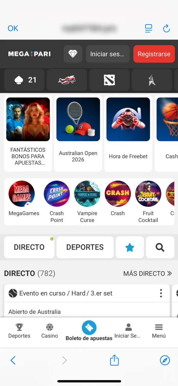 Ingresa a Megapari en Safari iPhone y disfruta Aviator online.