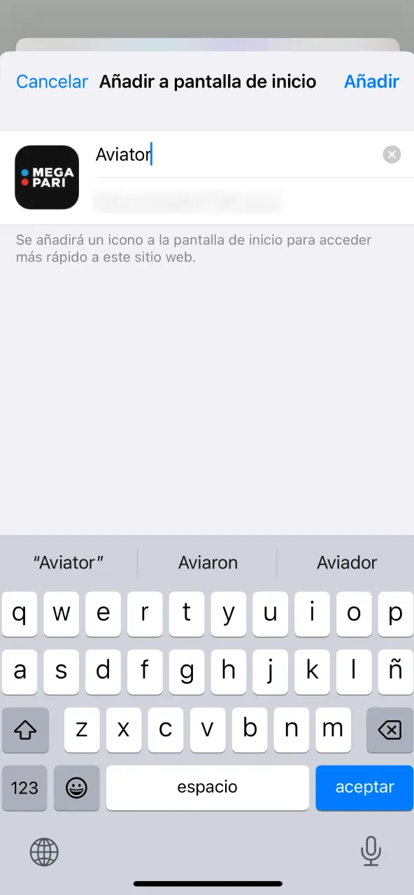 Ajusta acceso en tu móvil nombrándolo Aviator en Megapari.