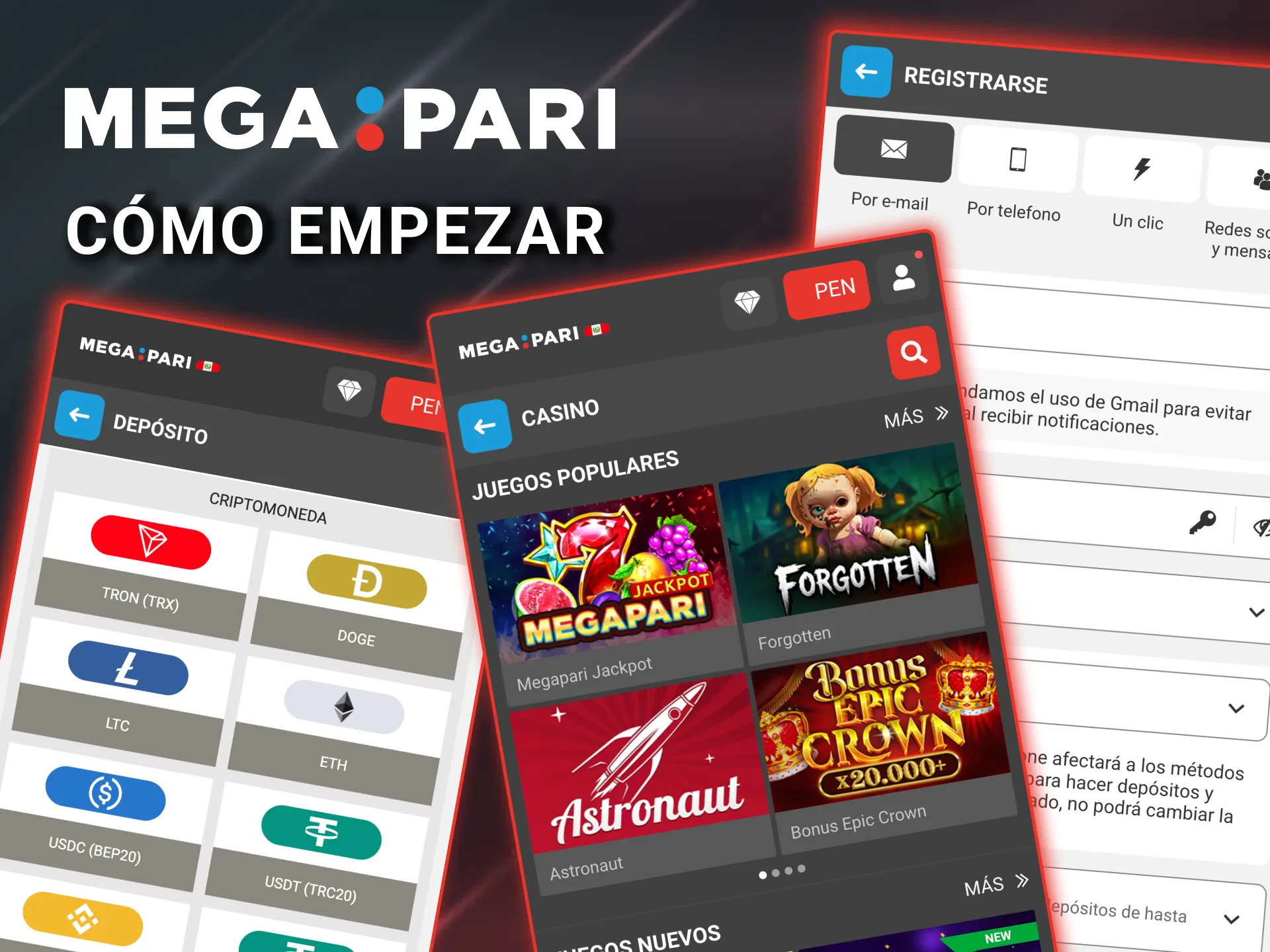 Megapari Perú permite crear cuenta rápida y acceder a juegos con bonos locales.