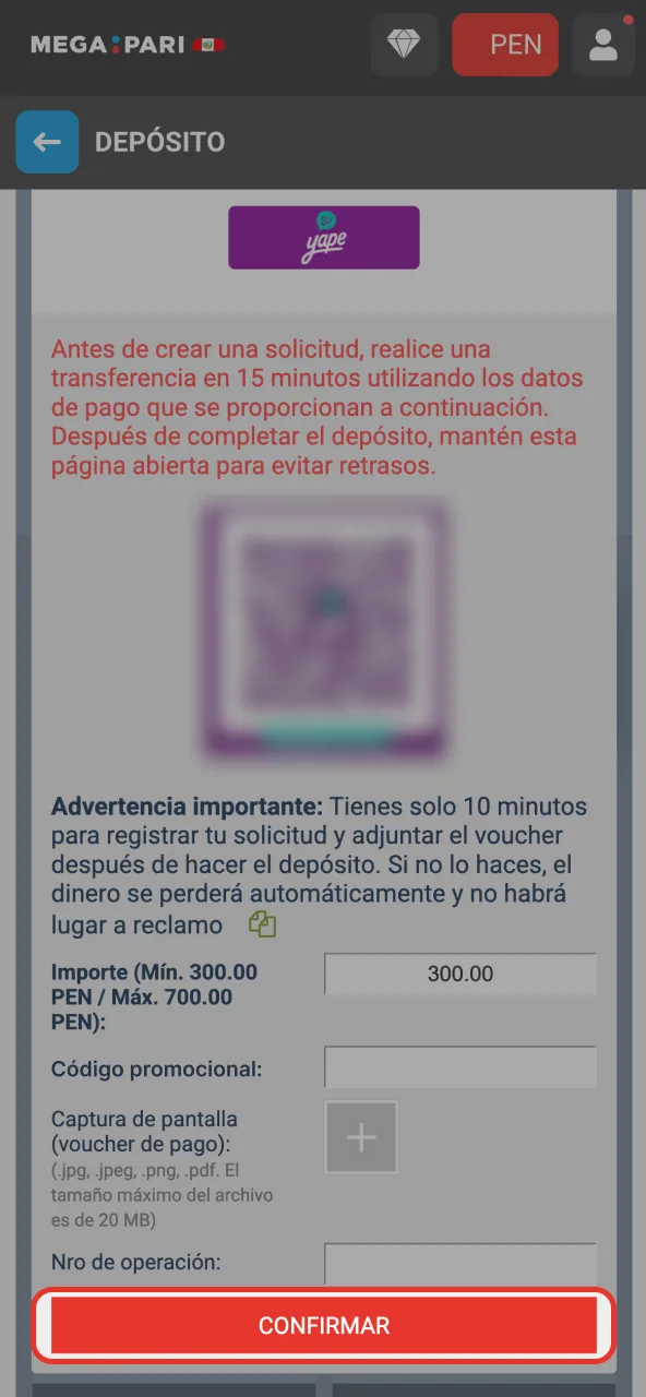 Finaliza depósito en Megapari y observa tu bono acreditado al saldo.