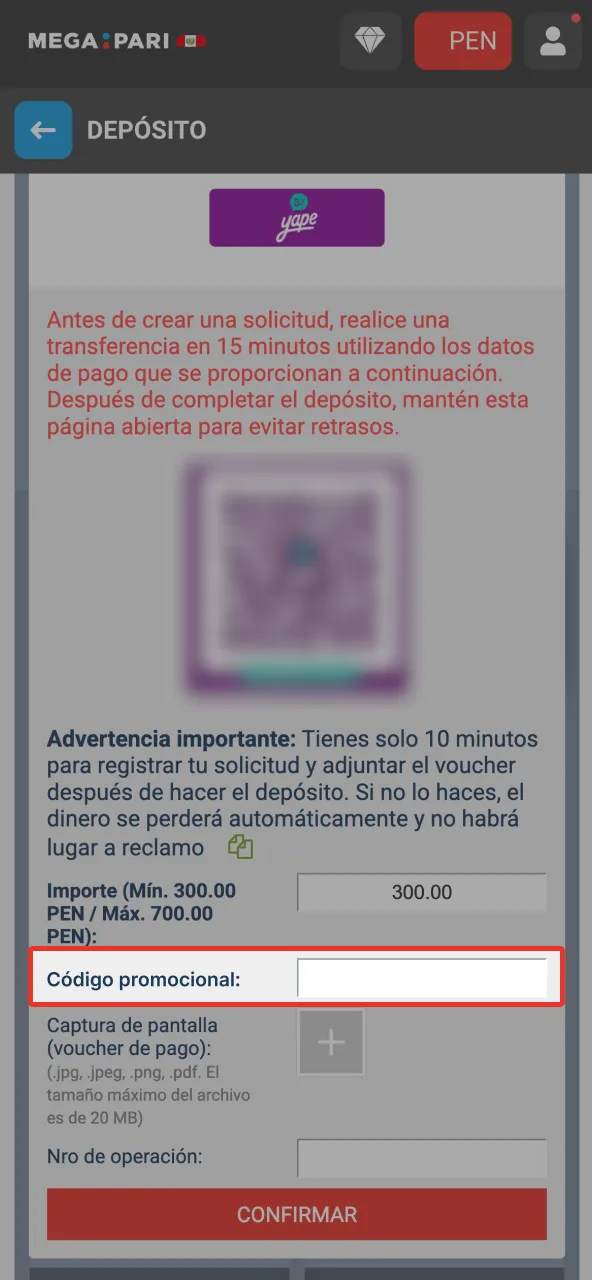 Escribe el código en Megapari sin espacios ni cambios de letras.