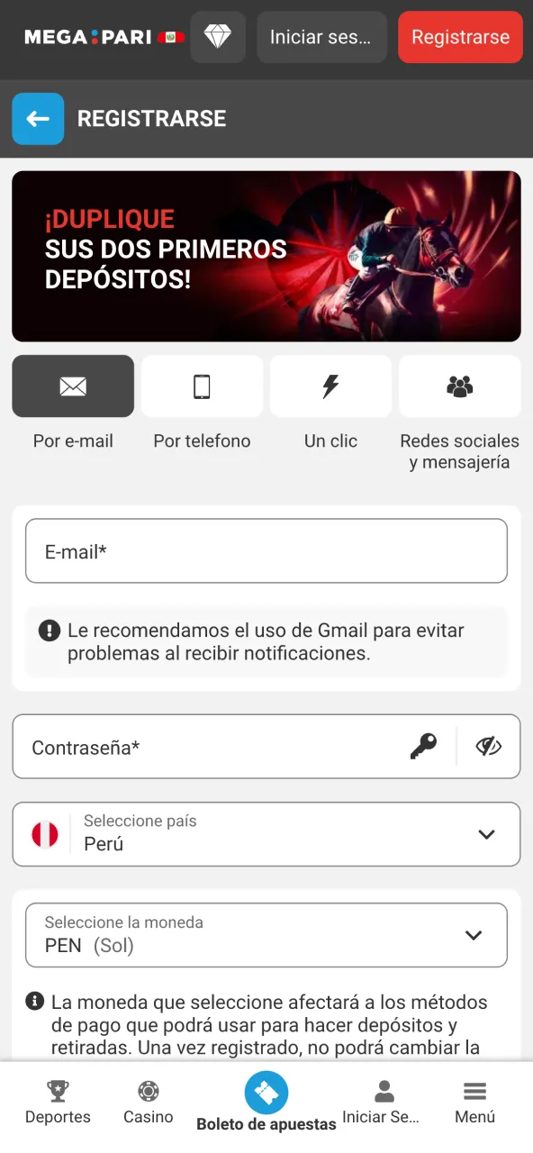 Regístrate en Megapari Perú con correo y contraseña válidos.