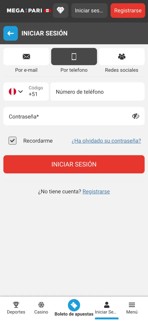 Entra a Megapari Perú, inicia sesión y haz tu primer depósito en segundos.