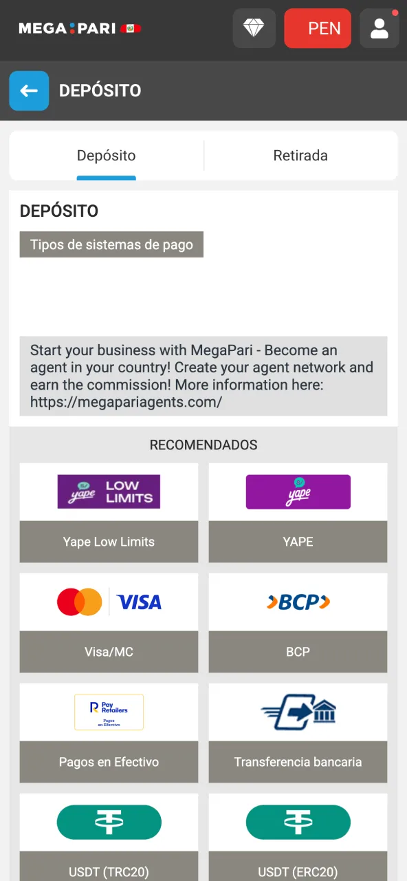 Megapari Perú presenta métodos locales y cripto para recargar tu cuenta de forma rápida y confiable.