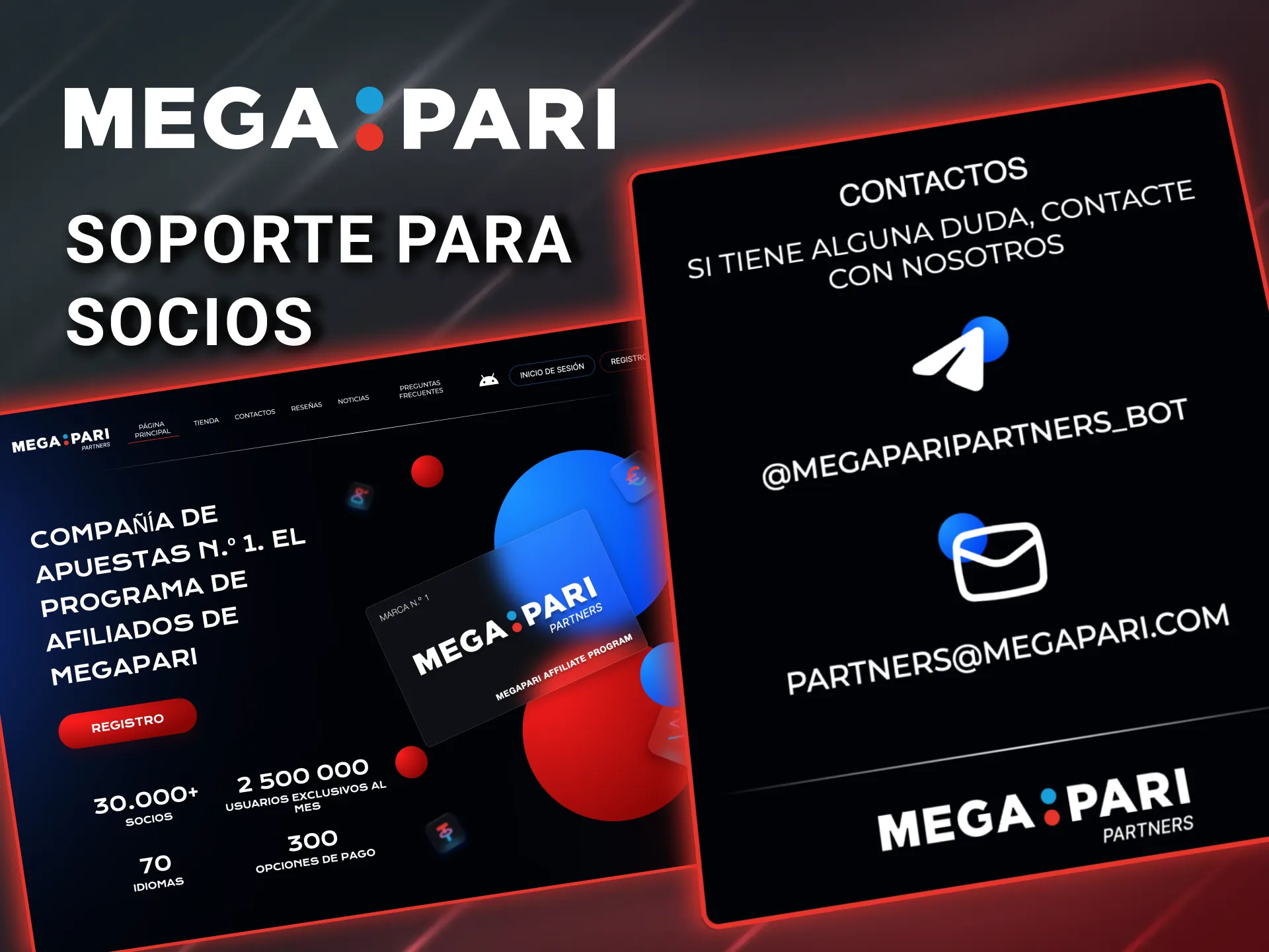 Megapari ofrece soporte continuo a afiliados en Perú con correo, Telegram y Skype para gestión directa.