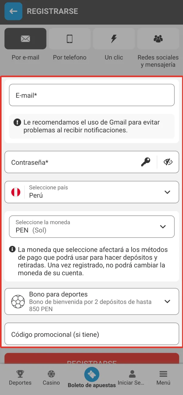 Completa registro en Megapari Perú con datos válidos y moneda PEN.