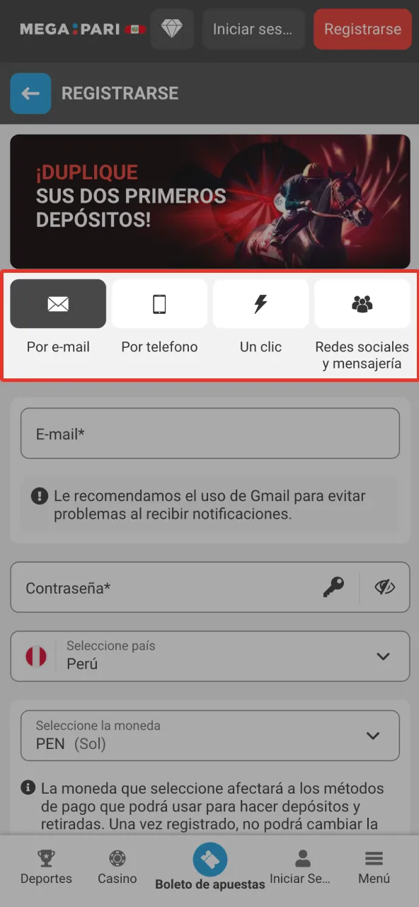 Escoge tu forma de registro en Megapari Perú de manera sencilla.
