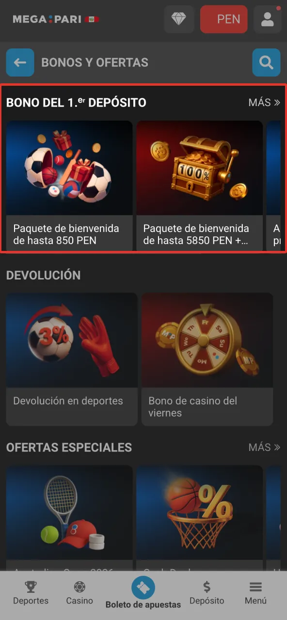 Disfruta bono acreditado y giros gratis en sección Bonos Megapari Perú.