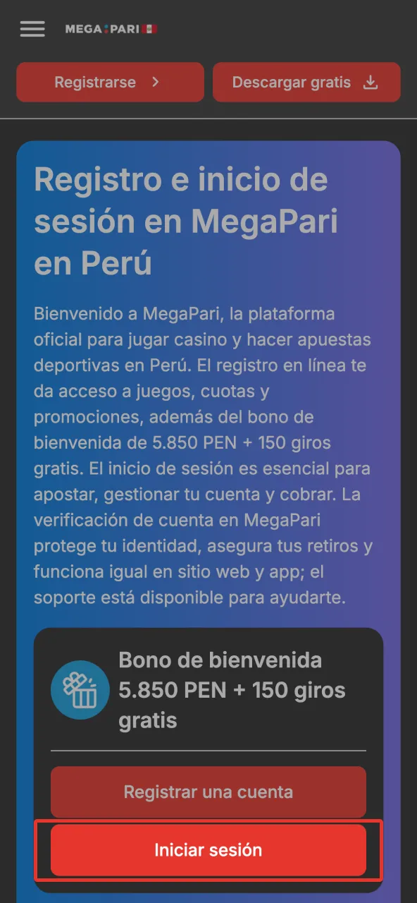 Megapari Perú permite acceso rápido con clic en Iniciar sesión.