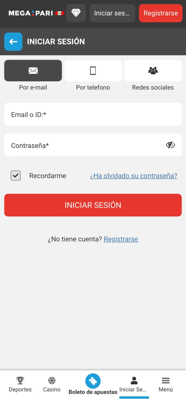 Inicia sesión en Megapari Perú con credenciales o redes sociales.