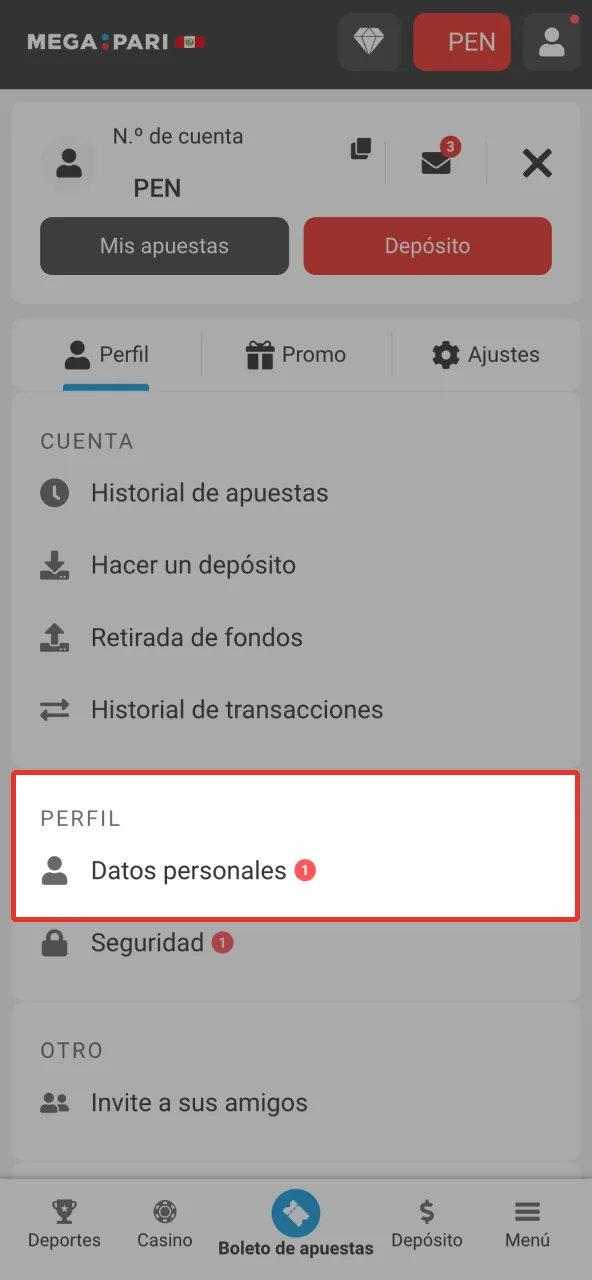 Regístrate en Megapari Perú completando perfil con información personal requerida.