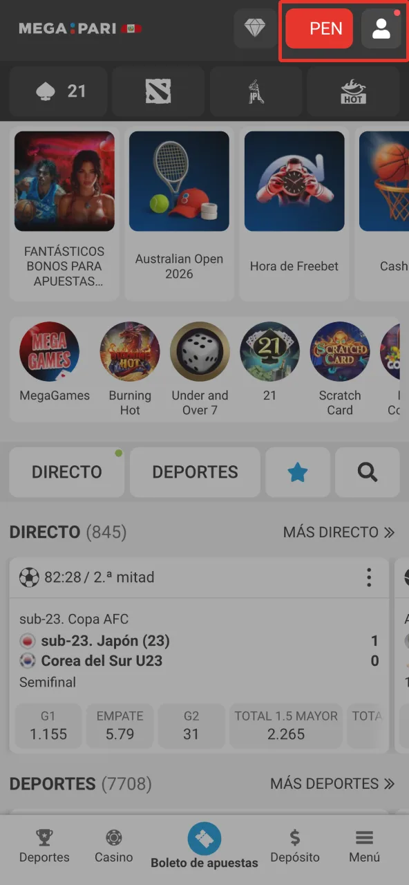 Accede a tu cuenta Megapari Perú y abre opción Retirar disponible.