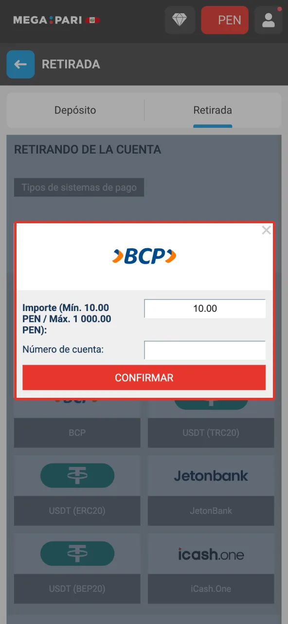Confirma solicitud de retiro en Megapari Perú con datos precisos ingresados.